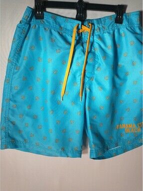 American Crown Swim Board Shorts, L, lin Panama City Beach, Blue, Yellow Anchor.